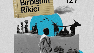 Collage featuring desert scene with people, cattle, and vehicles, captioned "Birbishin Rikici, Episode 127," by HumAngle.