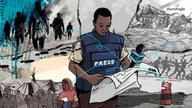Journalist in a press vest reads notes amid scenes of conflict and displacement, with silhouettes of soldiers and refugees in the background.