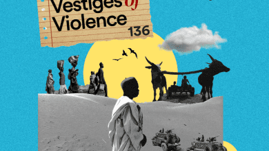 Collage of desert, people, animals, and vehicles under "Vestiges of Violence 136" text on blue background. HumAngle logo visible.