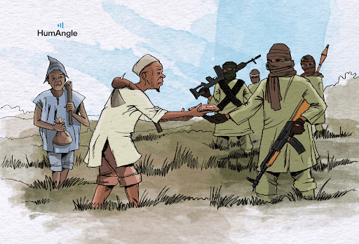 A group of civilians interacts with armed individuals in a field under a cloudy sky.