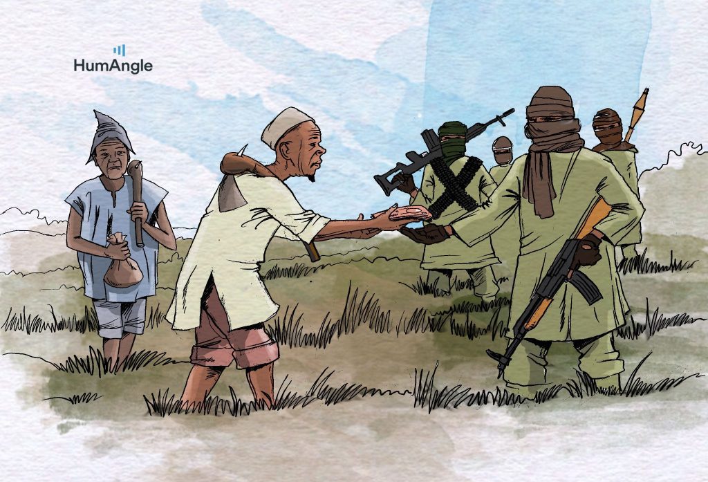 Illustration of two farmers offering food to armed militants in a grassy field, highlighting a tense exchange.