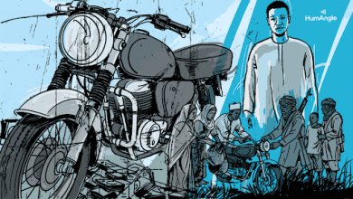 Illustration of a large motorcycle, people gathered around a smaller bike, and a person standing against a blue background.
