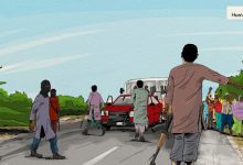 A group of armed people stop a red vehicle on a rural road, while others stand nearby with raised arms.